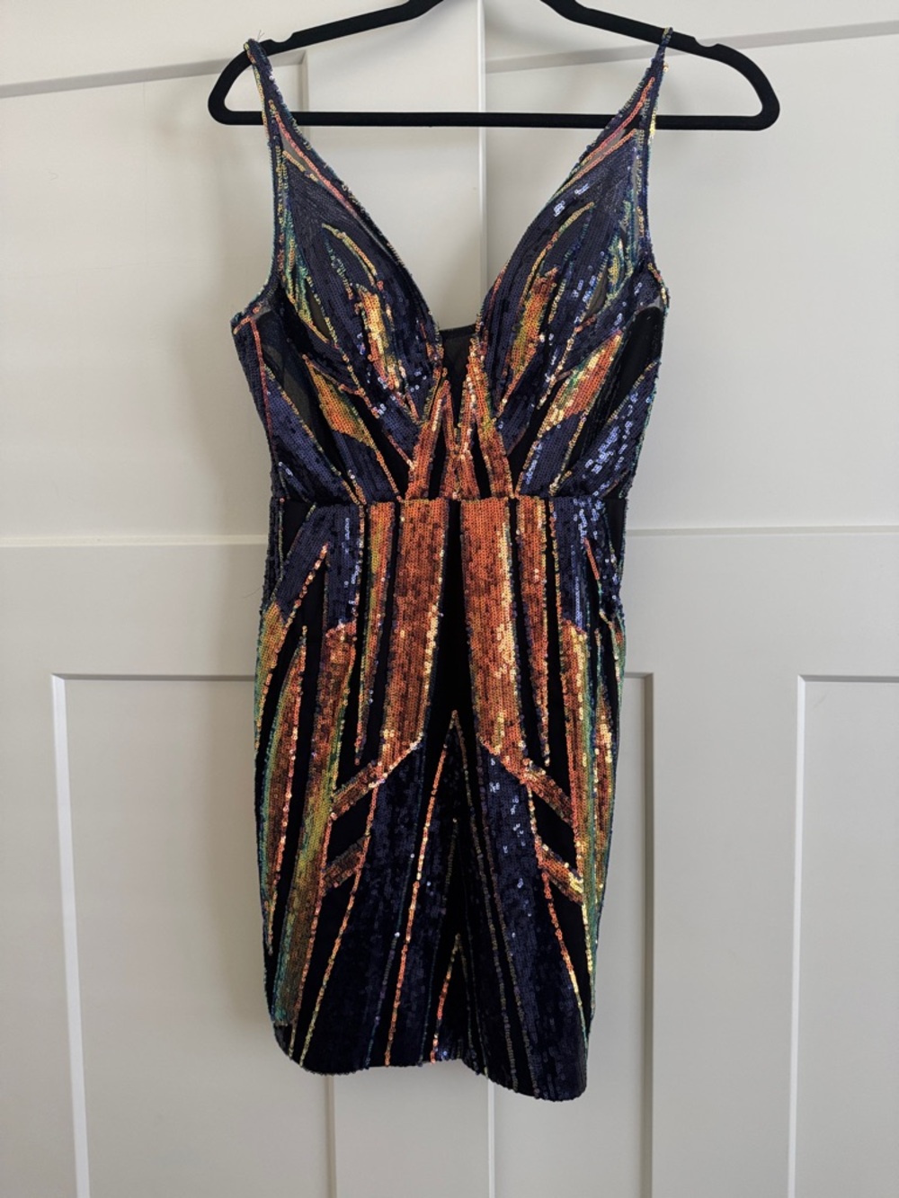 JVN by Jovani Navy Sequin Mini Dress with Orange and Green Accents